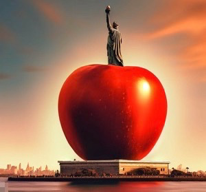 纽约自由女神像的底座变成了一个红色的大苹果。